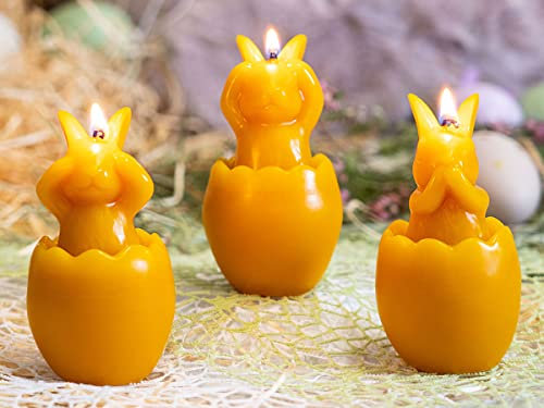 tea4chill Bienenwachskerzen aus 100% Bienenwachs, Honigkerze, Osterkerze Hase in Ei, nichts sehen/hören/sprechen, Kerze 5 x 5 x 9,5cm, Kerze für Ostern, lange Brenndauer, handgefertigt