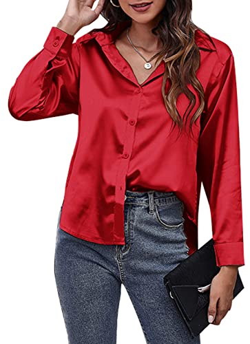 Panegy Long Sleeve Shirts for Lady V-Neck Blouses Satin Plain Tops Botton Down Lapel Shirts Shiny Silk Like Shirt for Office Work Evening Party Red S