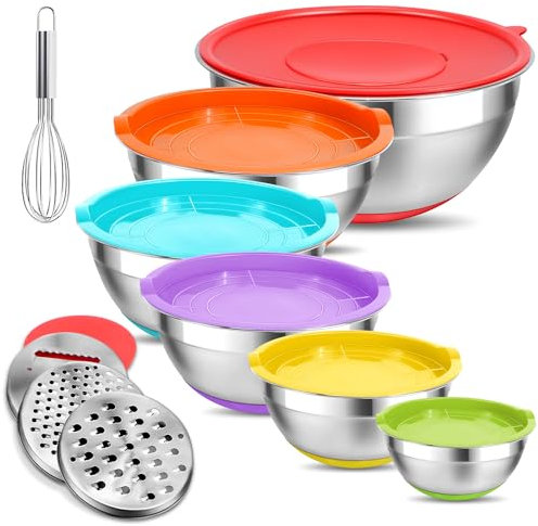 Eallpha Mixing Bowls with Lids Set,10pcs Stainless Steel Mixing Bowls with Graters and Egg Whisk &Non-Slip Bottoms Food Prep Nesting Bowls for Baking, Cooking, Meal Storage(1.2QT-5.5QT)