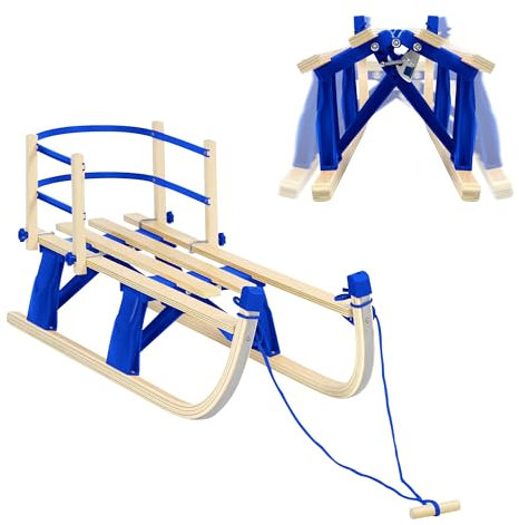 Laneetal Davoser Schlitten faltbar, Holzschlitten 110 cm, Kinderschlitten mit Rückenlehne, Rodel mit Zugseil, aus Buchenholz, für Kinder/Erwachsene, Blau