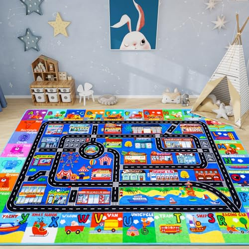 AKASISRUG ABC Transportation Kids Rugs 59×39.4 Animals Play Mat for Toy Cars Playroom