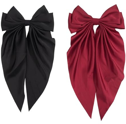 ZOONAI 2Pcs Big Satin Layered Hair Clip for Women Girls, Large Long Bow Hair Clip Bowknot Hairpin Hair Accessories (Black Wine Red)