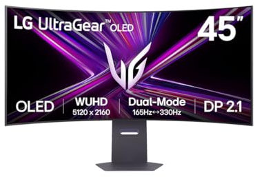 LG UltraGear OLED GX9 Gaming Monitor 45GX950A-B - 5K2K 45 Inch WOLED Curved, Dual-mode 165-330Hz, 0.03ms, 275-1300nits, FreeSync Premium Pro, HDR 400, Speakers, DP 2.1, HDMI 2.1, USB-C, Black
