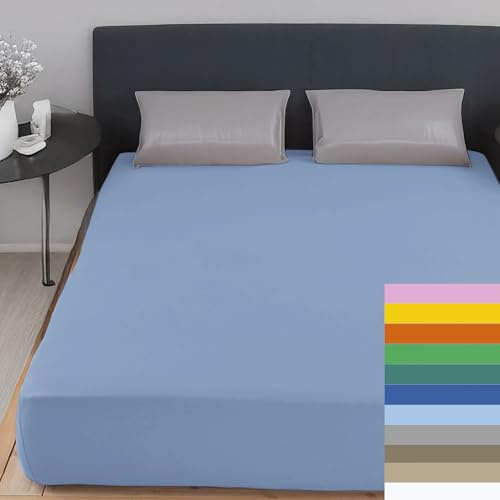 Home Tresor - Lenzuolo Matrimoniale Sotto con Angoli 100% Cotone Certificato Oeko-Tex Fresco e Traspirante Coprimaterasso con Elastico Due Piazze 170/180 x 190/200 cm Mon Ami Azzurro
