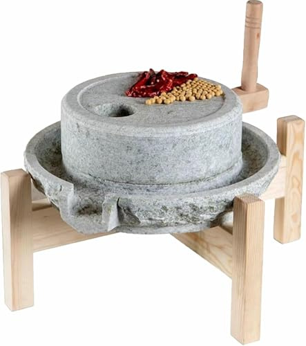 Hand Grain Mill Grinder for Flour, Stone Grinder Mill with Wooden Frame, Dry/Wet Mills for Grain, Bean, Barley, and Spice