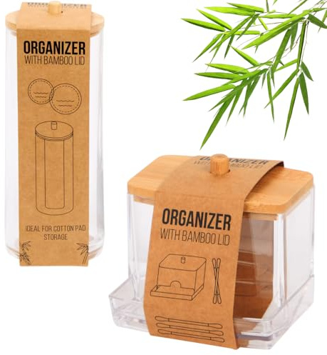 Generico Pack 2 Pezzi, Porta Dischetti Struccanti Coperchio Bambu', Porta Bastoncini Orecchie Tamponi Naso con Coperchi Bamboo, Struccare Toilette Orecchie Bagno Estetista Trucco.