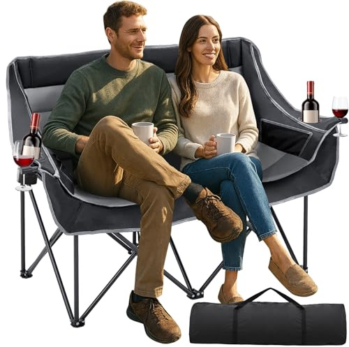 Obqer Doppel Campingstuhl, 550LBS Schwerlast Campingstuhl Faltbar 2 Personen, Campingcouch Mit Weinregal, GeträNkehalter Und Aufbewahrungstasche, Campingsofa Hohe Lehne FüR Camping, Garten, Freien