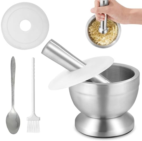 Mortel med stöt, mortelset med mortelstöt, 350 ml 304 rostfritt stål, liten mortel för kök med mortelstöt, kross, örtskål, med PE-lock och silikonlock, för vitlök och nötter