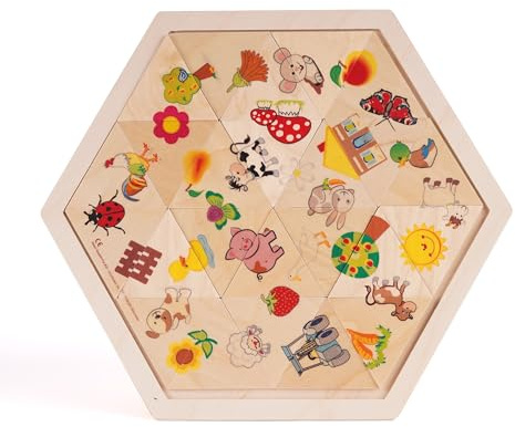 Hess since 1990 - Mosaik Holzpuzzle Bauernhof 24 Teile - Kinderpuzzle mit geometrischen Formen aus Holz, Lernspielzeug ab 3 Jahren, Holzpuzzle Kinder - aus dem Erzgebirge - 28,5 x 25 cm