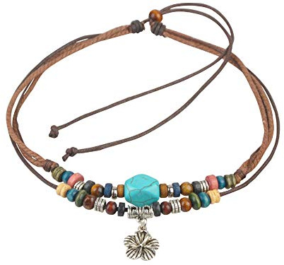 Ancient Tribe Collier ras-de-cou en cordon de chanvre marron fait main avec perle turquoise et pendentif fleur argenté – Ajustable par perle en bois coulissante – 38 cm de tour intérieur