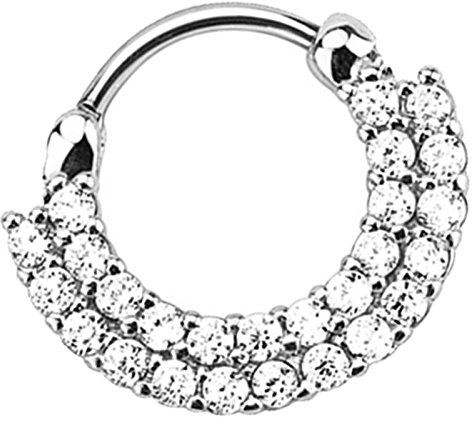 Piersando Piercing Scharnier Clicker Ring Schild Tribal mit Doppel Kristall Strass Vintage Septum für Tragus Helix Ohr Nase Lippe Brust Intim Silber Clear Weiß