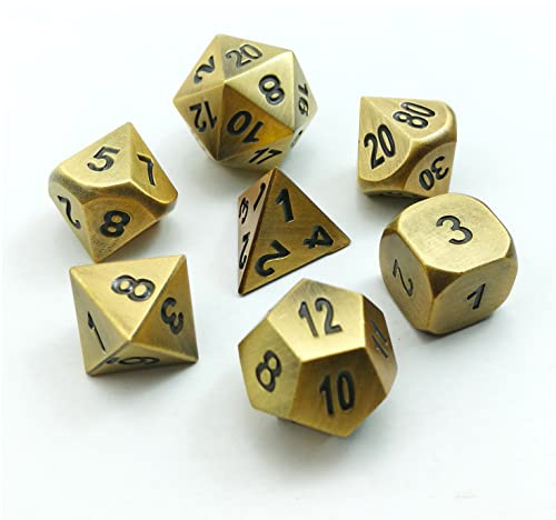 Bescon Messing Solide Metall Polygonal Würfel Spielwürfel Würfeln für DND Dungeons und Dragons, Brass Metallic RPG - Rollenspiel Polyedrische Dice 7pcs Set d4 d6 d8 d10 d12 d20 d%