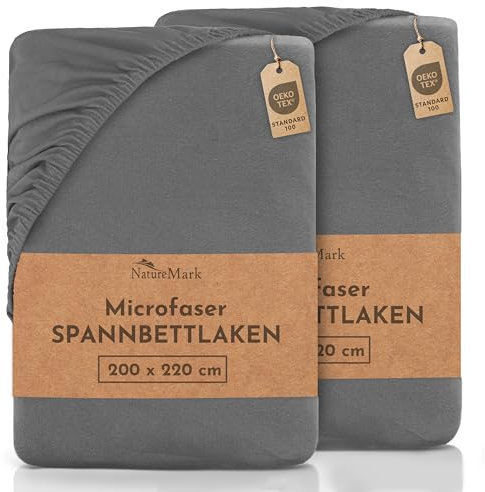 NatureMark Mikrofaser SPANNBETTLAKEN 2er Pack zum Sparpreis! viele Größen und Farben Markenware (Bettlaken 200x220 cm +40 Steg, Anthrazit Grau)