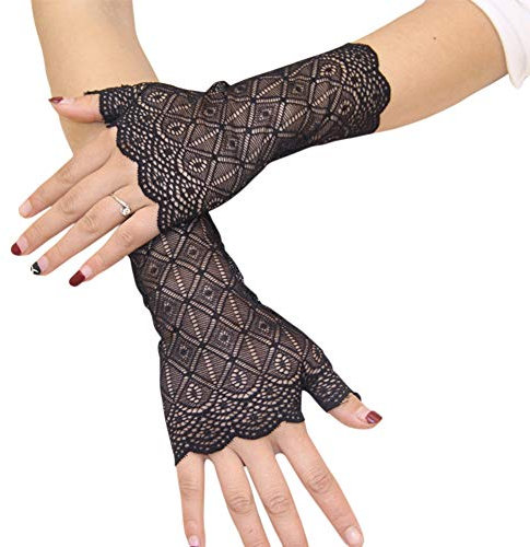 Orcle Damen Kurze Spitze Handschuhe fingerlos für Fahren Hochzeit Handgelenk Länge Braut Abschlussball Handschuhe, Schwarz #2, Einheitsgröße