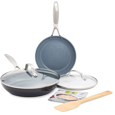 GreenPan Valencia Pro Bratpfannen-Set mit Deckeln, 20 cm und 25 cm, PFAS-freie Keramik-Antihaftbeschichtung, Hartanodisiert, Induktion, Backofengeeignet, Spülmaschinengeeignet, Bambuswender & Kochbuch