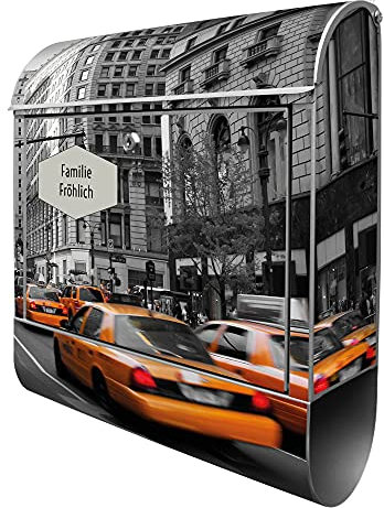 banjado Design Briefkasten personalisiert 38,5x46,5x13cm & 2 Schlüssel - Briefkasten Stahl Silber Zeitungsfach pulverbeschichtet - Postkasten A4 Einwurf inkl. Montagematerial - Motiv New York Taxi