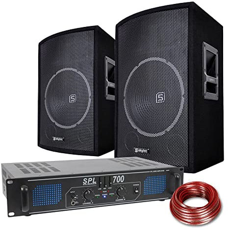 SkyTec 2X 350W - Amplificador y Altavoces PA 700W, 12, EQ, RCA, Jack 3.5mm, Potente Sonido, Graves Intensos, Incluye Cable de 10m, Ideal para DJ’s, Fiestas, Eventos y Música en Vivo