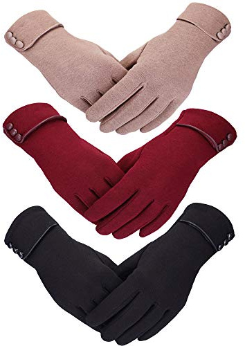 Patelai 3 Pairs Womens Gloves Winter Touchscreen Texting Phone Windproof Gloves Warm Fleece Lined Cold Weather(Black, Wine Red, Khaki)