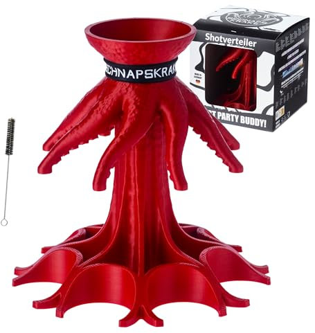 Schnapskrake ® - Das Original- Getränkeverteiler für 8 Personen - Made in Germany - Verteiler - Ausgiesser - Einschenker (rot-metallic, ohne Gläser)