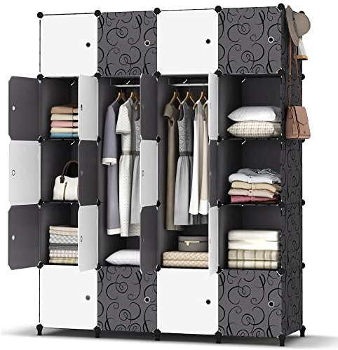 HOMIDEC Portable Wardrobe 20 Cube Closet with 3 Clothes Hanging Rails, 14x18 Deeper Cube Combination Armoire Modular Cabinet Storage Organizer for Bedroom Clothes Shoes Toys, Black and White