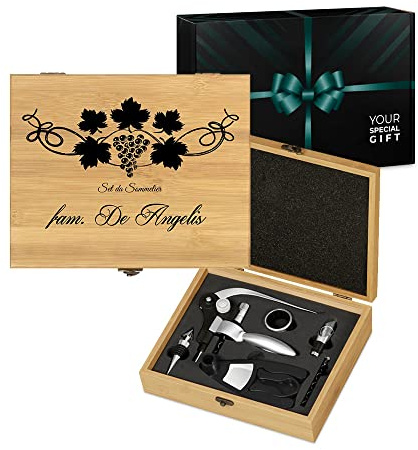 Maverton Kit Accessori da Vino Deluxe, Set Cavatappi da Vino Personalizzato | Scatola in legno di bambù + 8 pezzi di Accessori Vino, idee regalo per anniversario, Grappolo