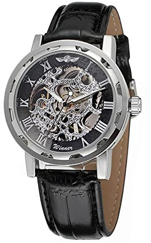 Men's Fashion Mechanical Wristwatch Transparent Dial with Skeleton Design Leather Band Automatic Manual-Winding Watch