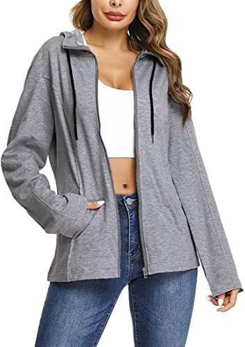 Aottori Sweat à Capuche Femme Cotton Sweatshirt avec Poches Zippé Hoodies Veste de Sport Blousons Casual Printemps Automne Gris foncé M