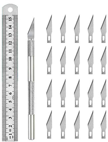 ABMRO Präzisionsschneider, Schnitzmesser, Hobby-Messer-Set, inkl. 20 Ersatzklingen und Edelstahl-Lineal für Heimwerker, Kunstarbeiten, Schneiden, Hobby, Basteln, Scrapbooking