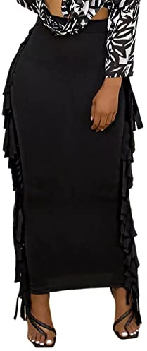 Lrady Women Fringe High Waist Bodycon Side Tassels Pencil Maxi Skirt Casual Party Club Long Skirts Black L