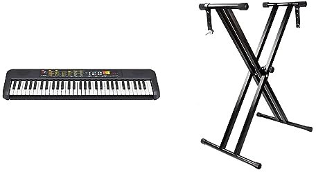 Yamaha PSR-F52 Digital Keyboard, black - Compact digital keyboard & RockJam RJX29 Double Braced Adjustable Keyboard Stand with Locking Straps, Black