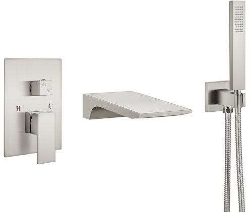 Aolemi Wall Mount Bathtub Faucet,Tub Faucet Set Waterfall Wall Mounted Tub Filler with Handheld Sprayer Single Handle,Brushed Nickel