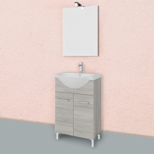 Kiamami Valentina Mobile bagno con piedini rovere grigio completo di lavabo e specchio 56cm