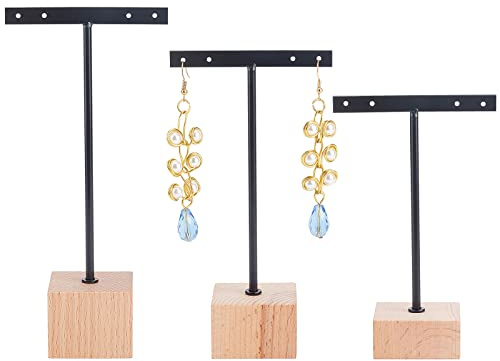 FINGERINSPIRE 3 teiliger schwarzer Metall T Bar Ohrringständer mit quadratischem Holzsockel 4 Löcher Ohrringe T Ständer hängender Ohrring-Organizer für den Einzelhandel(12/14/16cm Höhe)