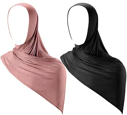 Handepo 2 Pcs Instant Hijab Jersey Hijab for Women Muslim Head Scarf Soft Lightweight Long Stretch Scarf Shawl Wrap(Black, Pink)