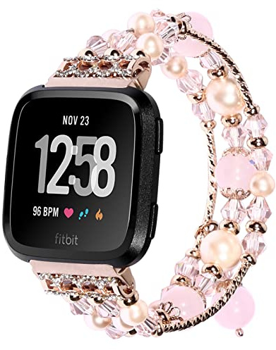 RuiRdot Armband für Versa 2, Handgefertigtes elastisches Stretch-Armband Damen Mädchen Kunstperle Naturstein Bans Strap Fitness-Armband für Versa/Versa 2 / Versa Lite (E03)