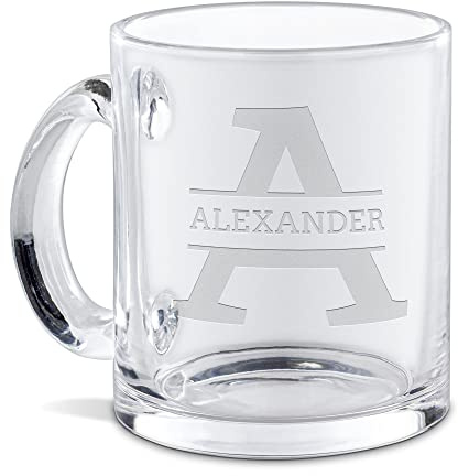 Print Royal Personalisierte Glastasse graviert mit Ihrem Anfangsbuchstaben A und Namen - Namenstasse graviert, Geschenkidee, Geburtstagsgeschenk | Lasergravur, Eckige Schrift, 300ml