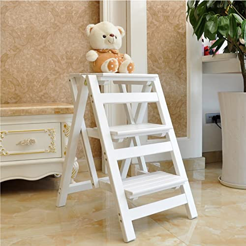 LUDIST White Folding 3 Steps Stools Kitchen Wooden Ladders Chair Small Foot Stools Wood Portable Ladders Stool Indoor Stepladder Shoe Bench/Flower Rack
