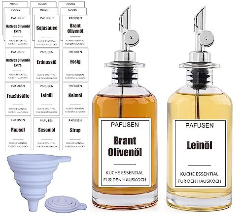 Pafusen 2 Packung Ölflasche Set für Küche, Olivenöl Flasche, Ölspender, Kaffeesirupspender für Speiseöl mit 20 Aufkleber Trichter, 350ml, Silber Ausgießer