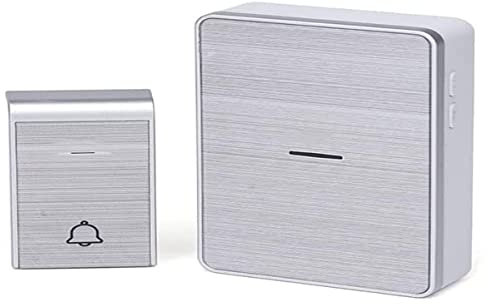 Timbre inalámbrico plateado, con conexión CC, ideal para alertar visitas y mejorar comunicación en el hogar.
