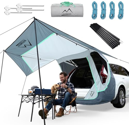 Poles Included SUV Tailgate Tent with Three Sides Awning Shade & Transmittance Mosquito Net, Hatchback Camping Sunproof Car Tent, Universal SUV Windproof Car Camping Gear Tent Outdoor Travel.