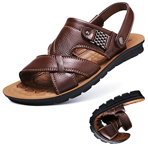 Sandalia De Piel para Hombre, Cuero Deportivas Verano Exterior con Punta Abierta Sandalias de Playa Zapatillas de Exterior Montaña Senderismo Zapatos Playa (Color : Brown, Size : 43)