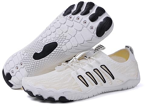 AONETIGER Vatten Skor Män Kvinnor Barefoot Vatten Sneakers Andas Lätt Torkning Snabb Barfota Trail Skor för Fitness Strand Segling Snorkel, 818 svart vit, 46 EU