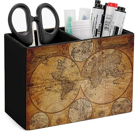 Quteprint Stifthalter, Stiftehalter für Schreibtisch-Organizer, Vintage-Retro-Weltkarte, PU-Leder, Stiftebecher, Schreibtisch-Schreibwaren, Aufbewahrung, Make-up-Pinselhalter, Stift-Organizer für Büro