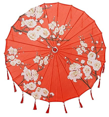THY COLLECTIBLES Classic Chinese Art Asian Style 33 Silk Parasol Umbrella with Tassels for Wedding Parties, Photography, Costumes, Cosplay, Decoration And Other Events (Red with Flowers)