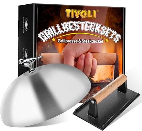 TIVOLI Burgerglocke Burgerpresse Set,23cm Edelstahl Burger Glocke 20,5cm Fleischbeschwerer aus Antihaft-Gusseisen,Zweiteiliges Burger Smasher Set für Outdoor Grillen,Flat Top Teppanyaki.