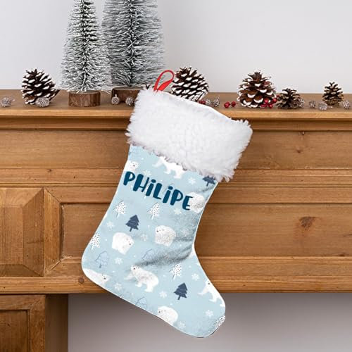 Wanapix | Nikolausstiefel Personalisiert mit Name | Nikolausstrumpf | Deko Weihnachten | Bändchen zum Aufhängen | 21x43cm | Eisbär