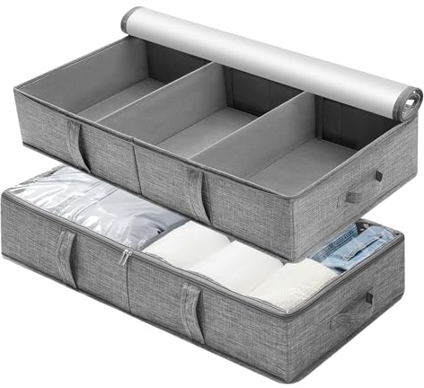 WOVTE Under bed Storage Box with Lids, 2Pcs Large Under Bed Storage, Foldable Clothes Storage Box with Handle and freely adjustable dividers, for Clothes Blankets Shoes Pillows