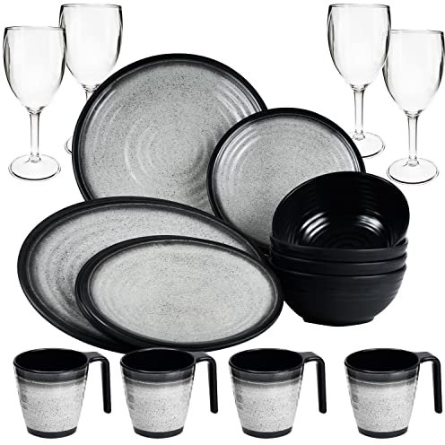 Melamin Geschirr Set für 4 Personen Grau Granit-Optik 20 Teile - mit Stapeltassen und klaren Weingläsern 290 ml - Campinggeschirr Geschirrset Tafelgeschirr - Spülmaschinengeeignet Outdoor Camping
