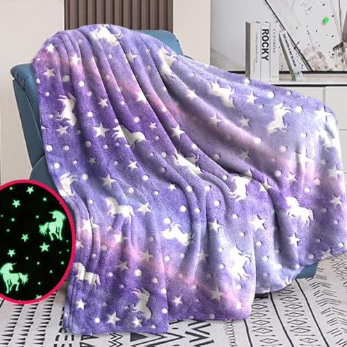 Einhorn Decke Kuscheldecke - 120 x 150 cm Decke Leuchtet im Dunkeln, Warm und Flauschig Kinderdecken für 1-10 Jährige Mädchen und Jungen - Wohndecke für Geschenk (Lila, 120 x 150cm)