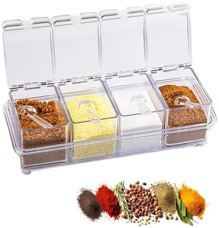 Seasoning Box Set, 4 Piece Clear Acrylic Spice Pots, Jars Condiment Containers with Cover and Spoon Seasoning Rack Storage Container Kitchen Cooking Organizer Tools for Spice Salt Sugar Cruet
